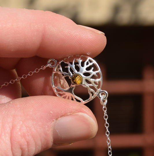 Delicate bracelet with tree of life, created with natural green Amber and 925 Silver, MJ Baltica, BB066