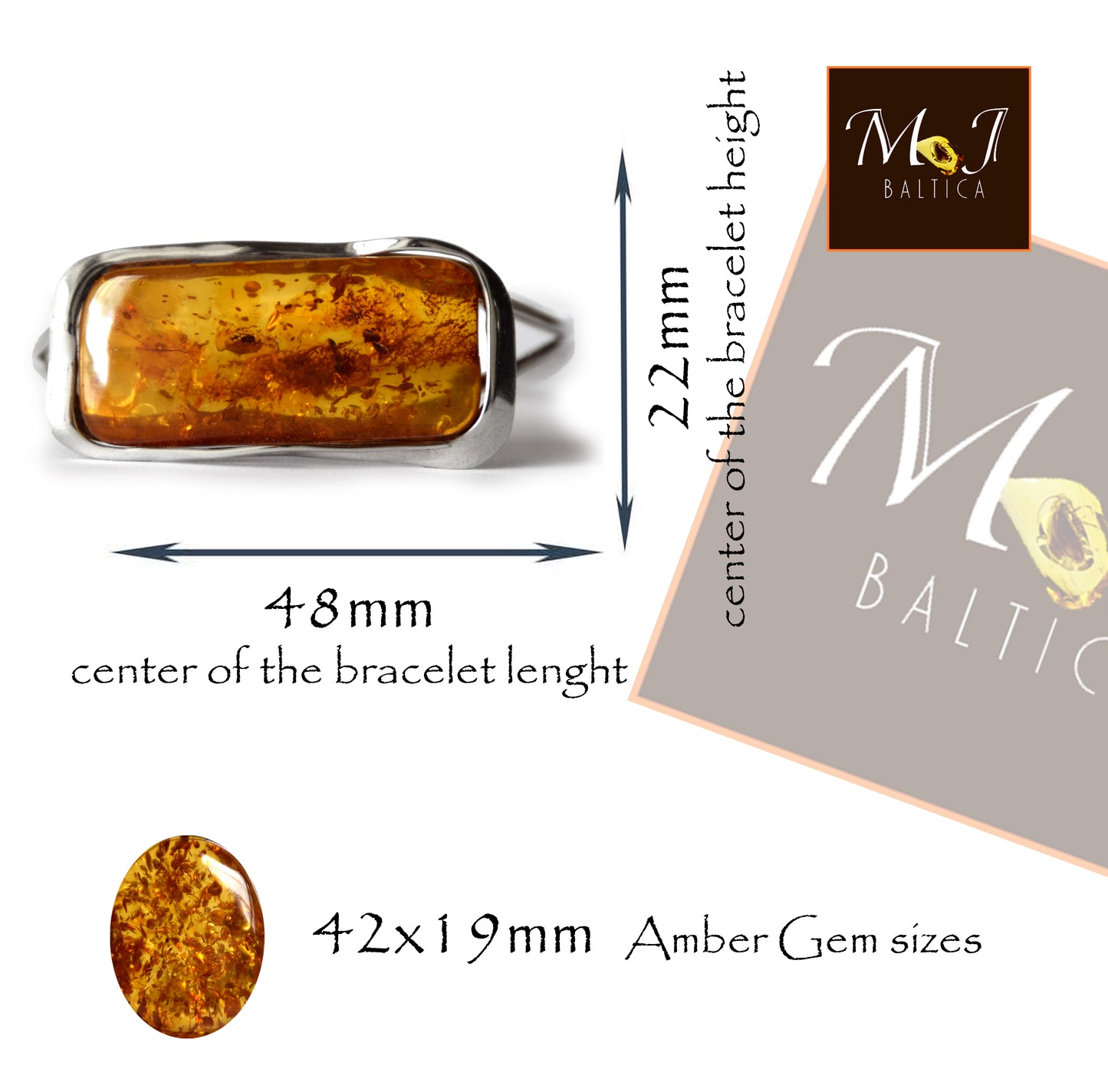 MJ Baltica, bracciale, Ambra naturale Baltica, Argento 925, regolabile, elegante, bellissimo, unico, BB074