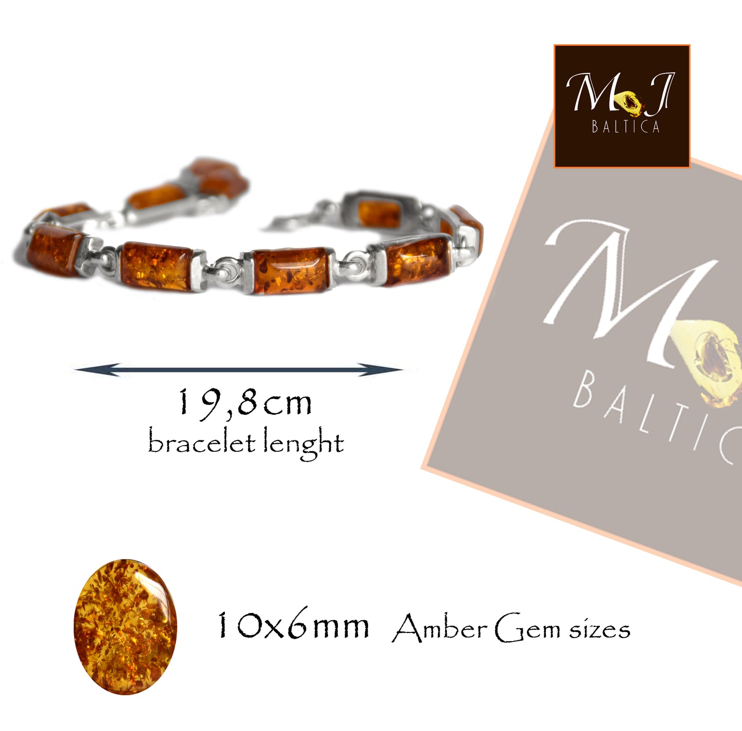 MJ Baltica, bracciale, Ambra naturale Baltica, Argento 925, luminoso, unisex, artigianale, cognac, BB078