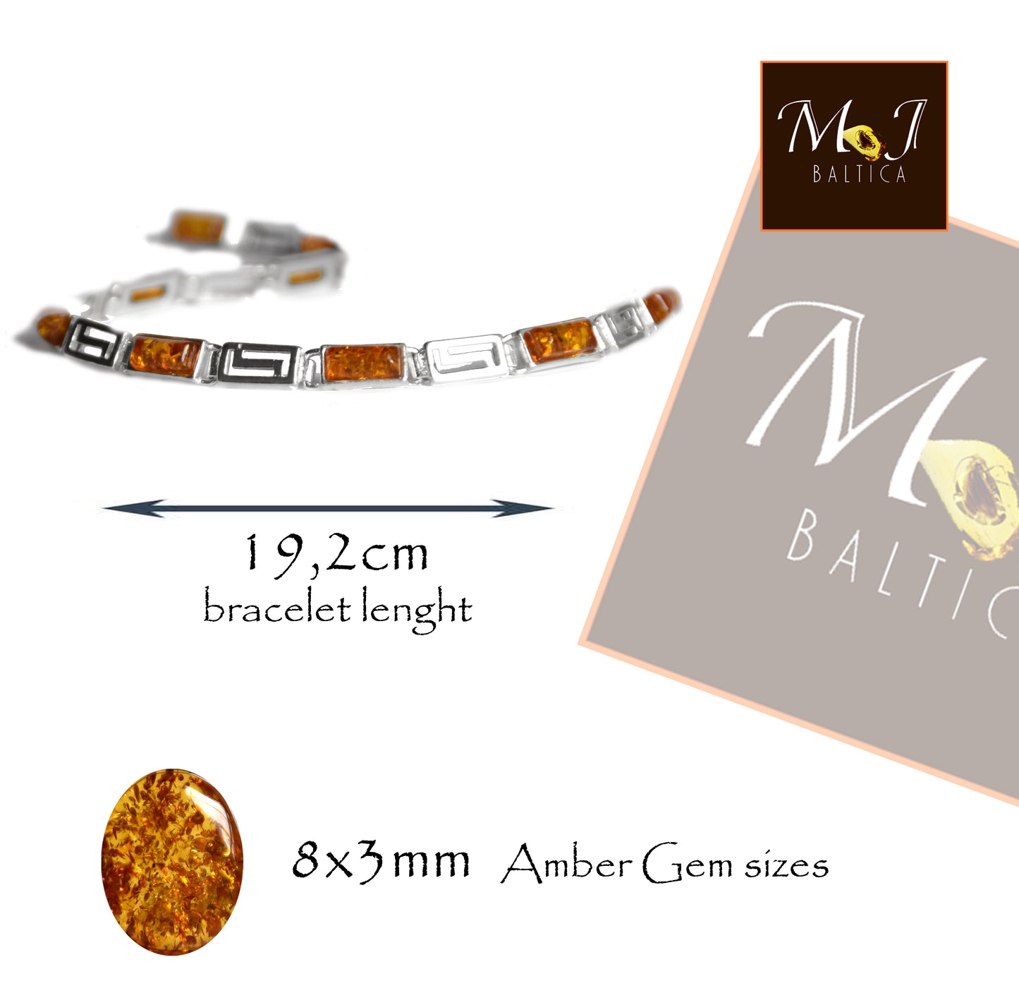 MJ Baltica, Unisex-Armband, natürlicher baltischer Bernstein, 925er Silber, linear, elegant BB010