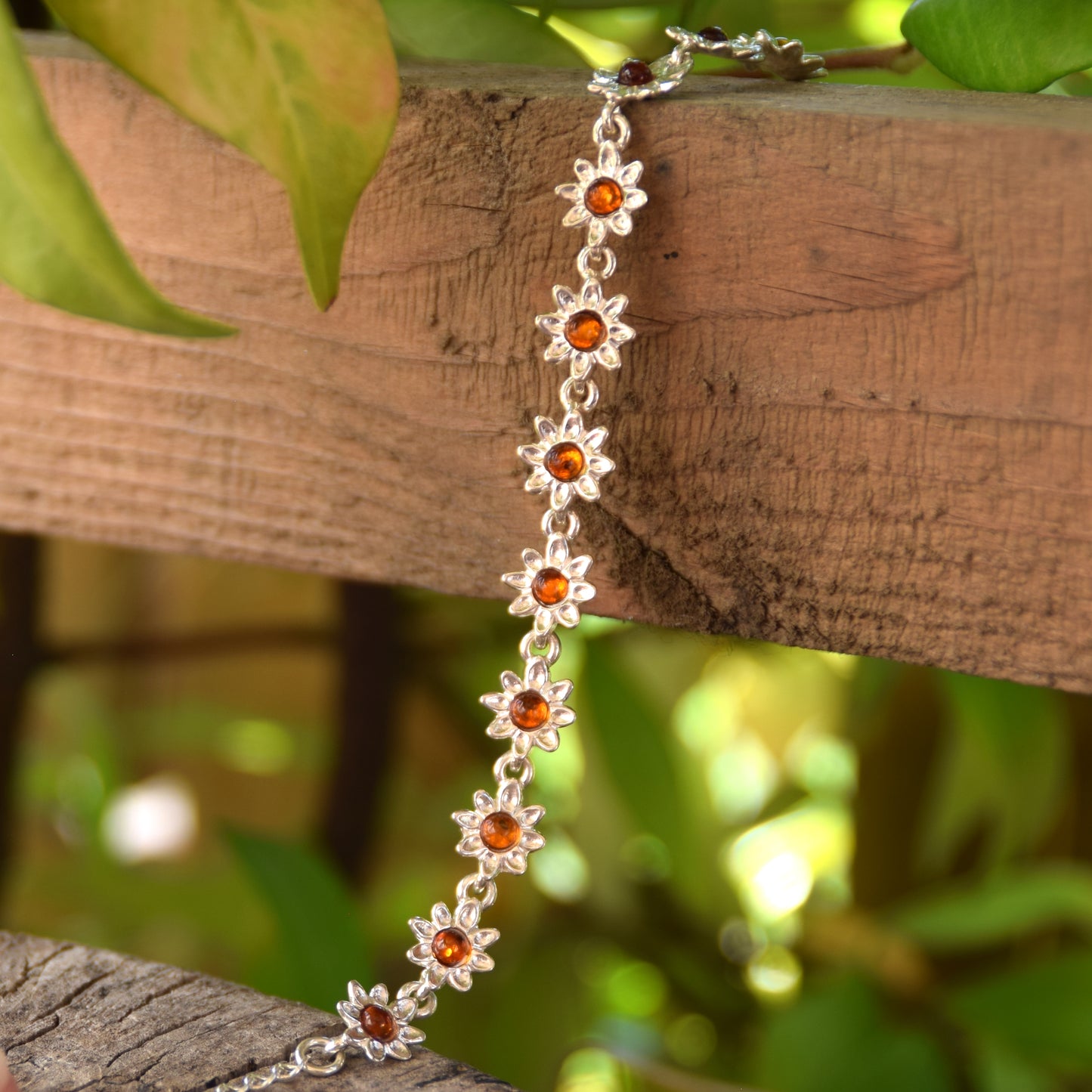 Delicate floral bracelet created with cognac-colored natural Amber and 925 Silver, MJ Baltica, BB087