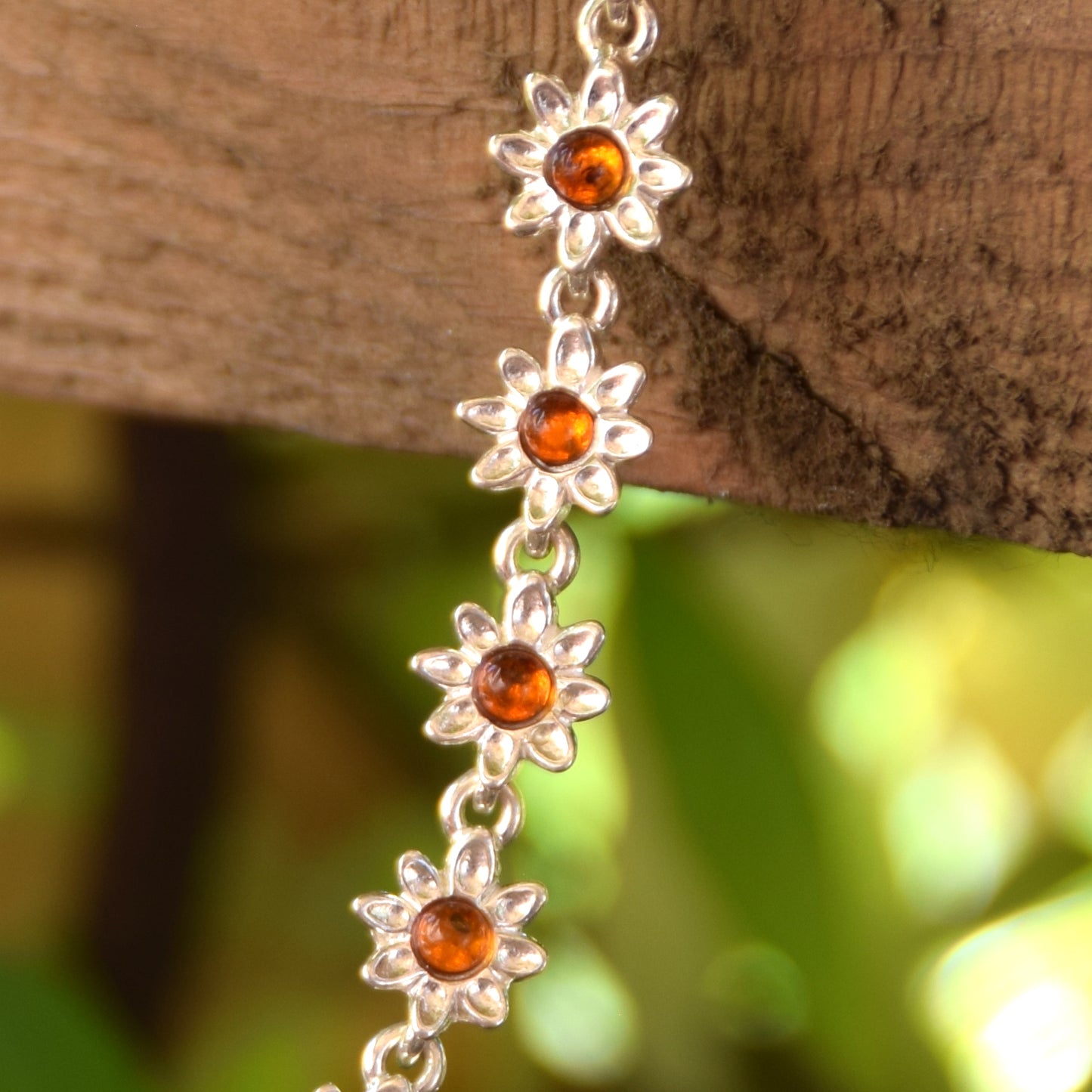 Delicate floral bracelet created with cognac-colored natural Amber and 925 Silver, MJ Baltica, BB087