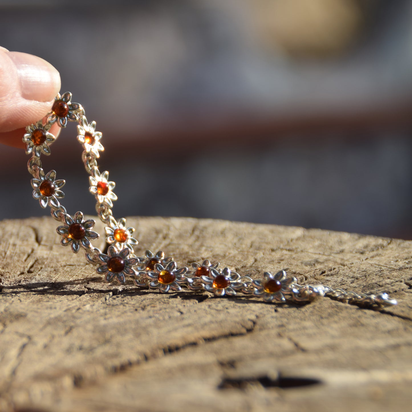 Delicate floral bracelet created with cognac-colored natural Amber and 925 Silver, MJ Baltica, BB087