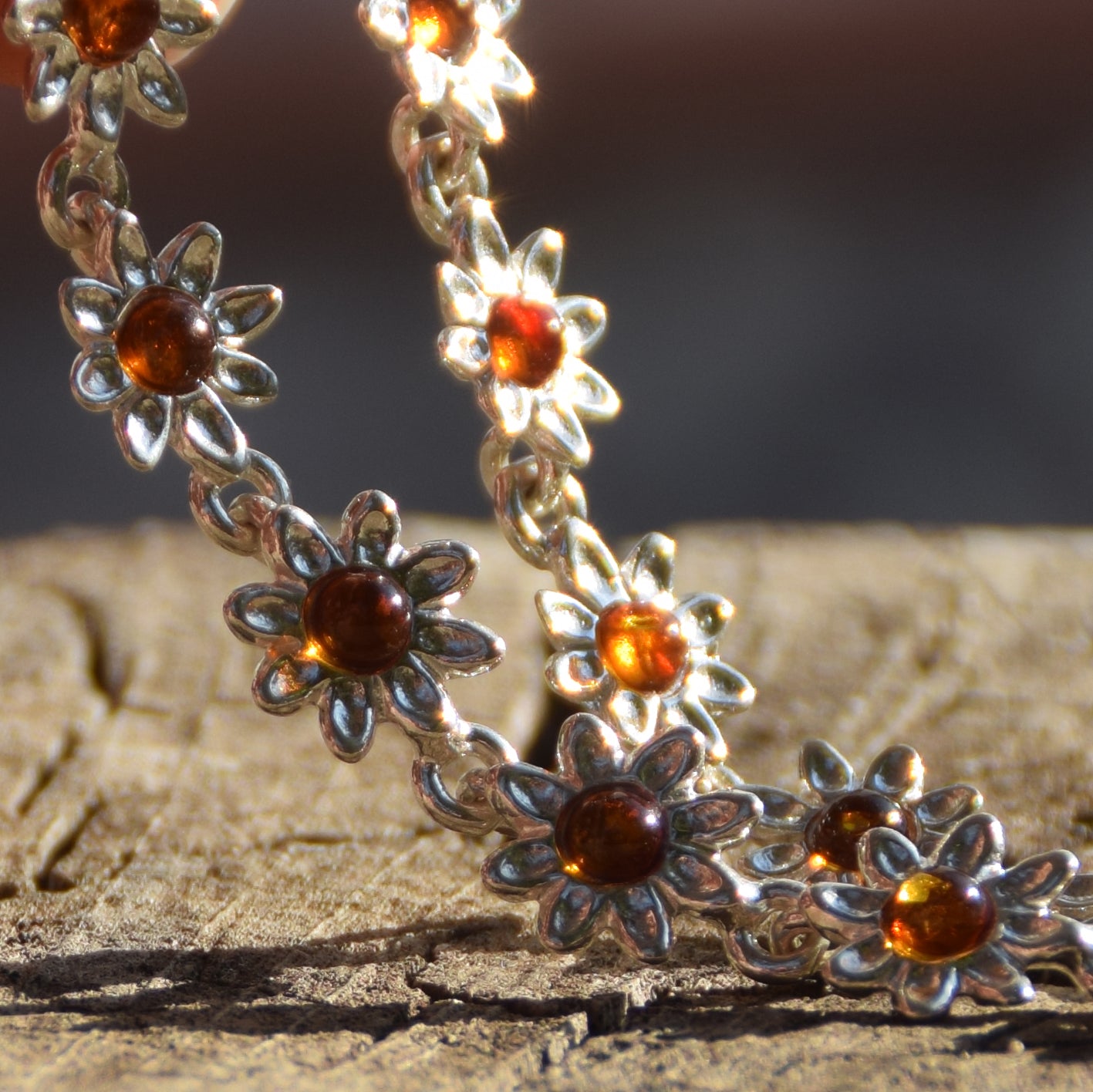 Delicate floral bracelet created with cognac-colored natural Amber and 925 Silver, MJ Baltica, BB087