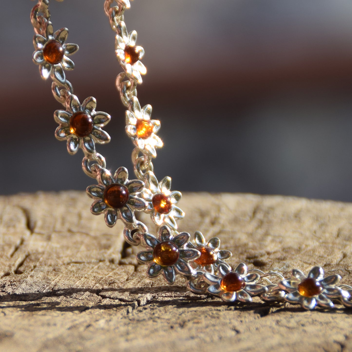 Delicate floral bracelet created with cognac-colored natural Amber and 925 Silver, MJ Baltica, BB087