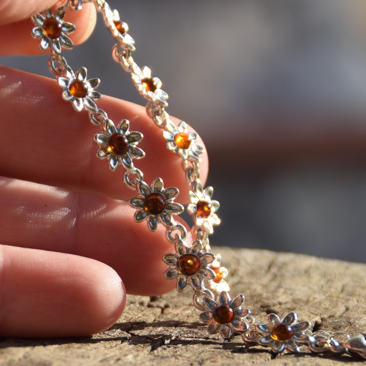 Delicate floral bracelet created with cognac-colored natural Amber and 925 Silver, MJ Baltica, BB087