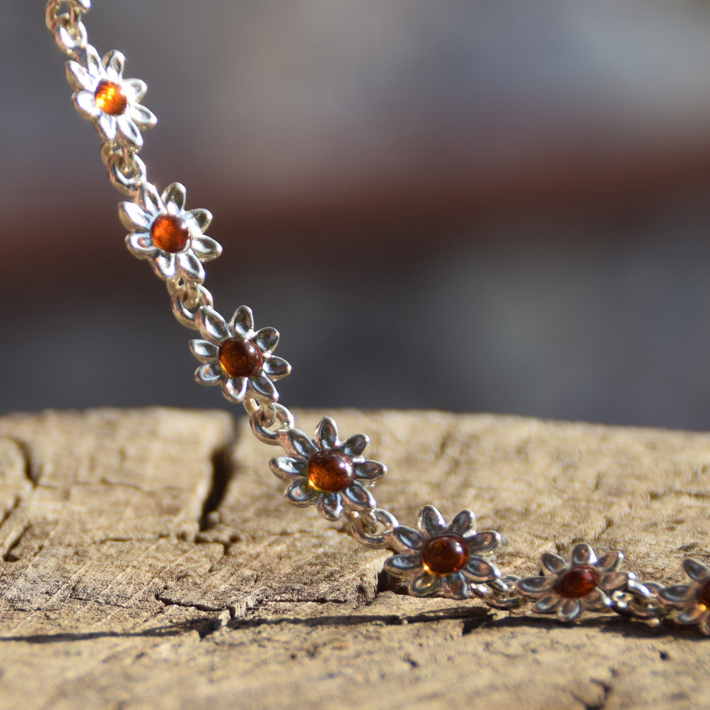 Delicate floral bracelet created with cognac-colored natural Amber and 925 Silver, MJ Baltica, BB087