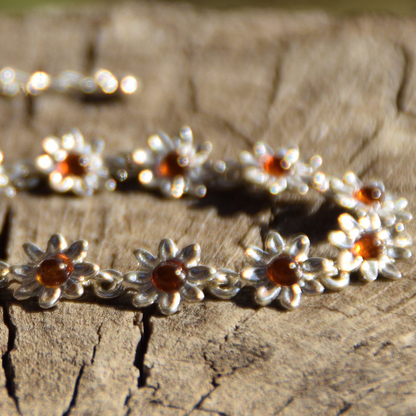 Delicate floral bracelet created with cognac-colored natural Amber and 925 Silver, MJ Baltica, BB087