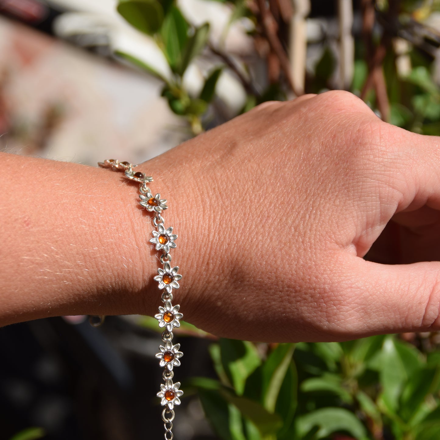 Delicate floral bracelet created with cognac-colored natural Amber and 925 Silver, MJ Baltica, BB087