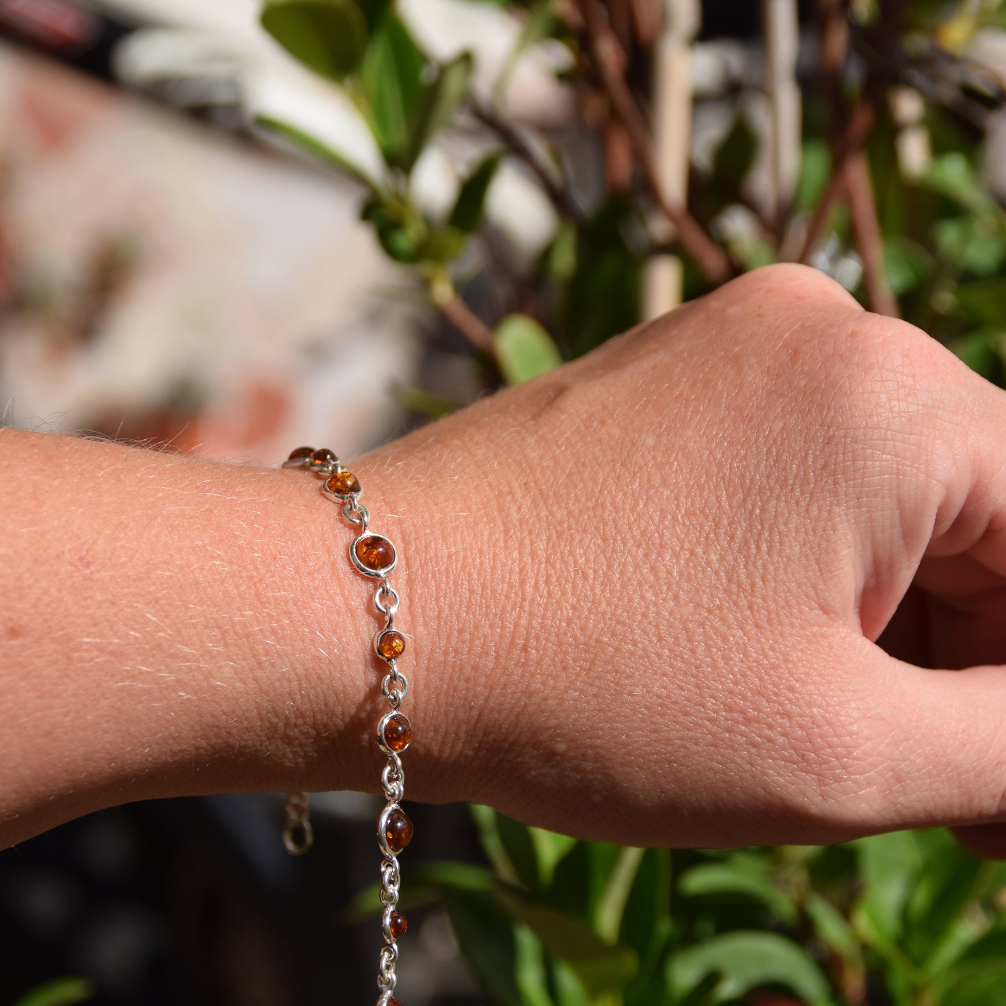 Delicate adjustable bracelet made with natural cognac-colored Amber and 925 Sterling Silver, MJ Baltica, BB094