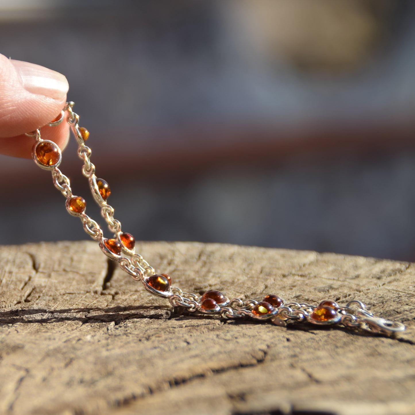 Delicate adjustable bracelet made with natural cognac-colored Amber and 925 Sterling Silver, MJ Baltica, BB094