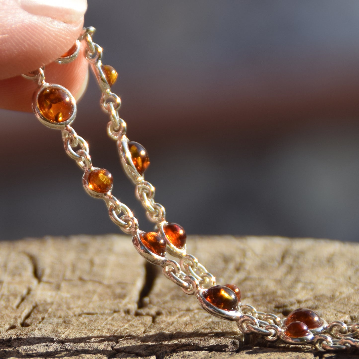 Delicate adjustable bracelet made with natural cognac-colored Amber and 925 Sterling Silver, MJ Baltica, BB094