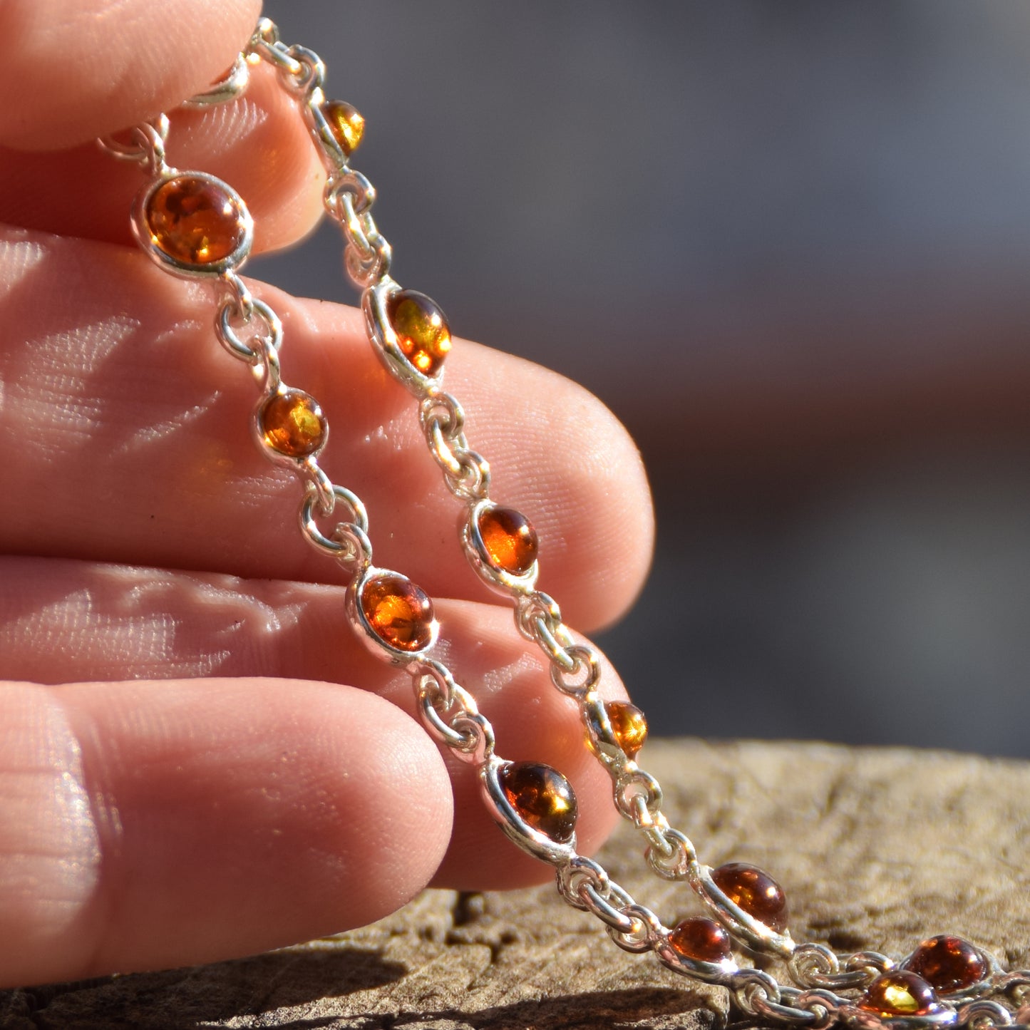 Delicate adjustable bracelet made with natural cognac-colored Amber and 925 Sterling Silver, MJ Baltica, BB094