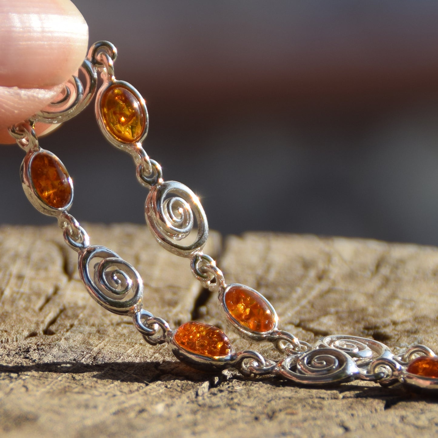 Bright adjustable bracelet with natural cognac amber and 925 sterling silver, MJ Baltica, BB096