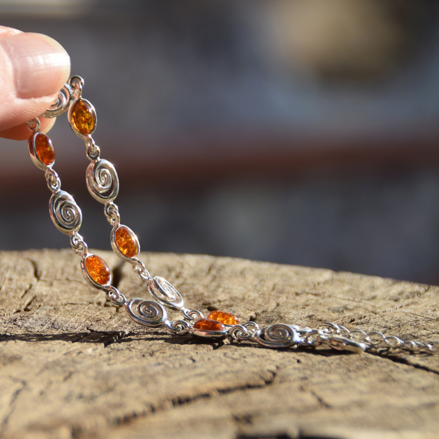 Bright adjustable bracelet with natural cognac amber and 925 sterling silver, MJ Baltica, BB096