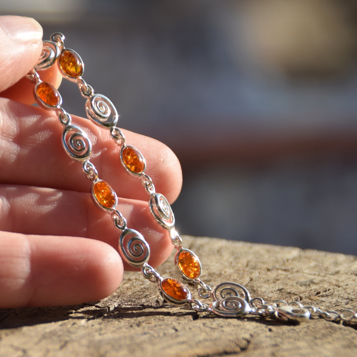 Bright adjustable bracelet with natural cognac amber and 925 sterling silver, MJ Baltica, BB096