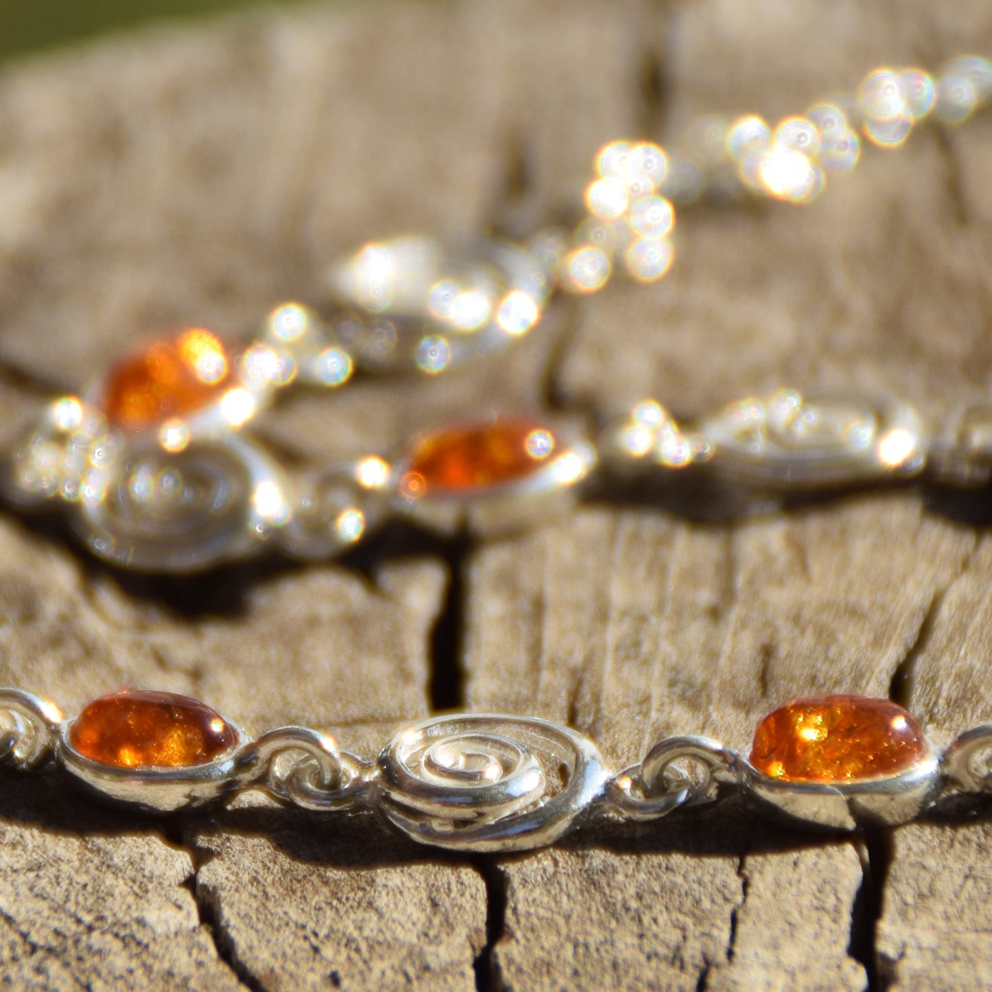 Bright adjustable bracelet with natural cognac amber and 925 sterling silver, MJ Baltica, BB096
