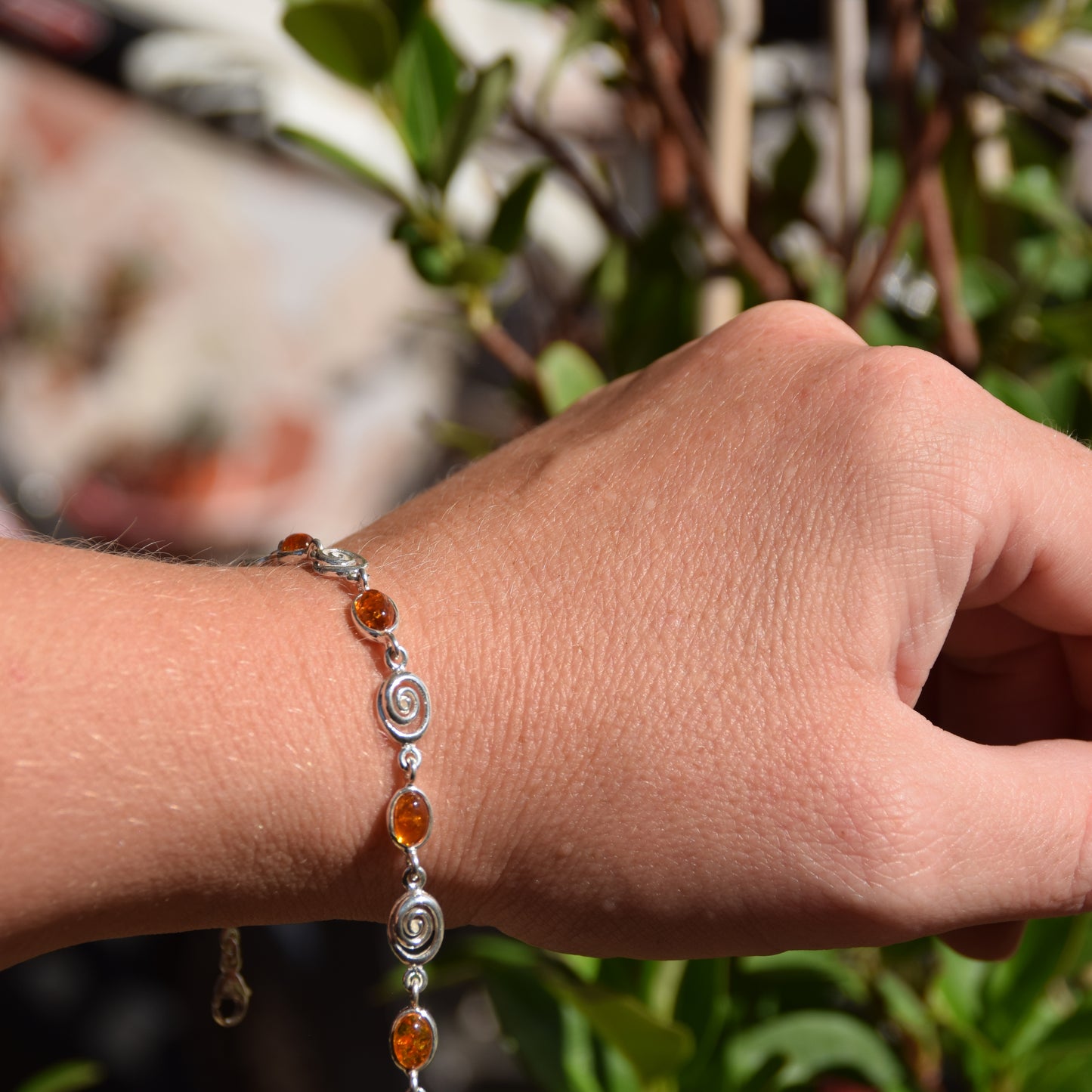 Bright adjustable bracelet with natural cognac amber and 925 sterling silver, MJ Baltica, BB096