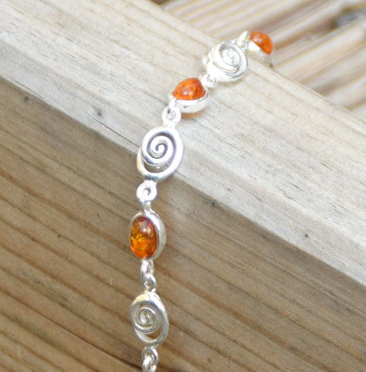 Bright adjustable bracelet with natural cognac amber and 925 sterling silver, MJ Baltica, BB096