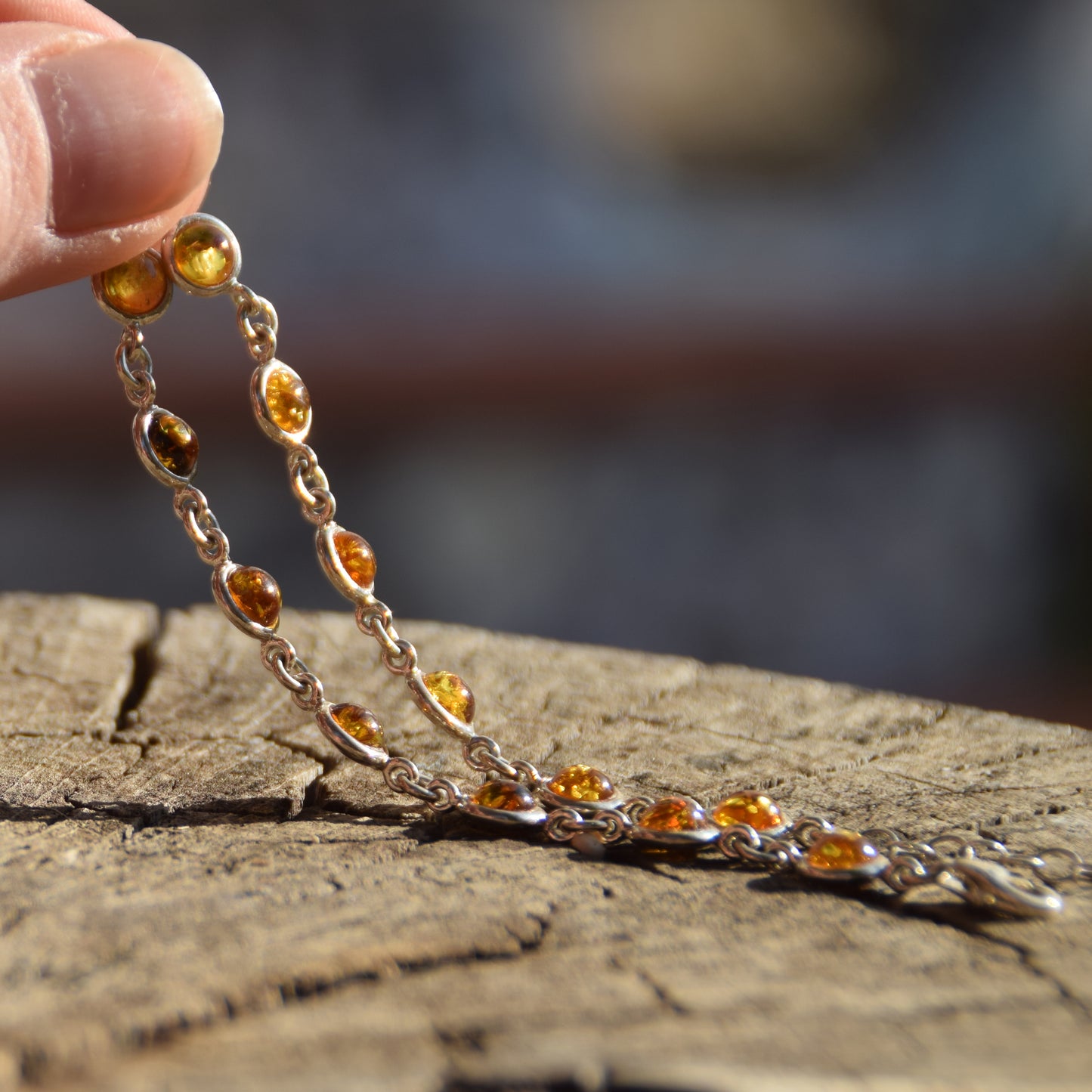 Delicate adjustable bracelet with natural cognac-colored amber and 925 Sterling Silver, MJ Baltica, BB097