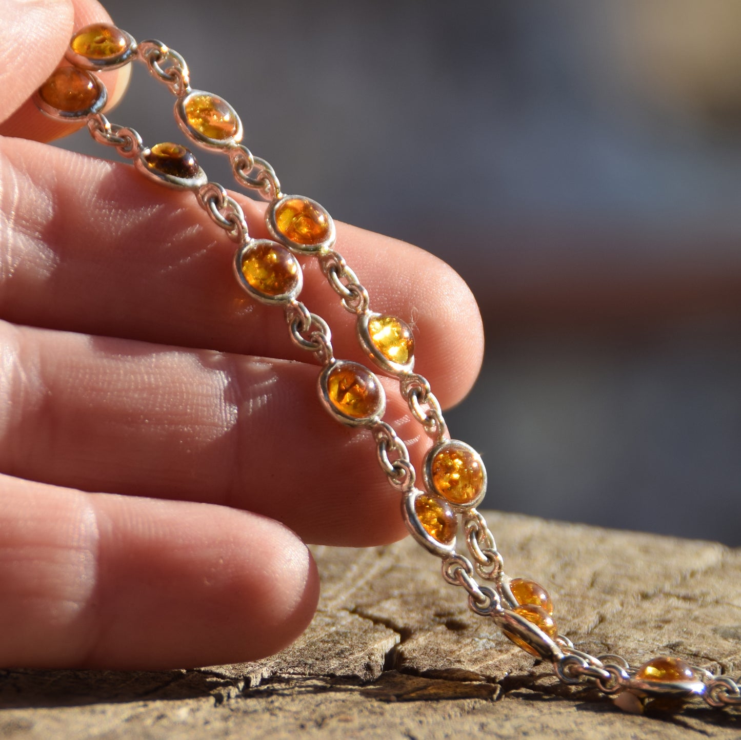 Delicate adjustable bracelet with natural cognac-colored amber and 925 Sterling Silver, MJ Baltica, BB097