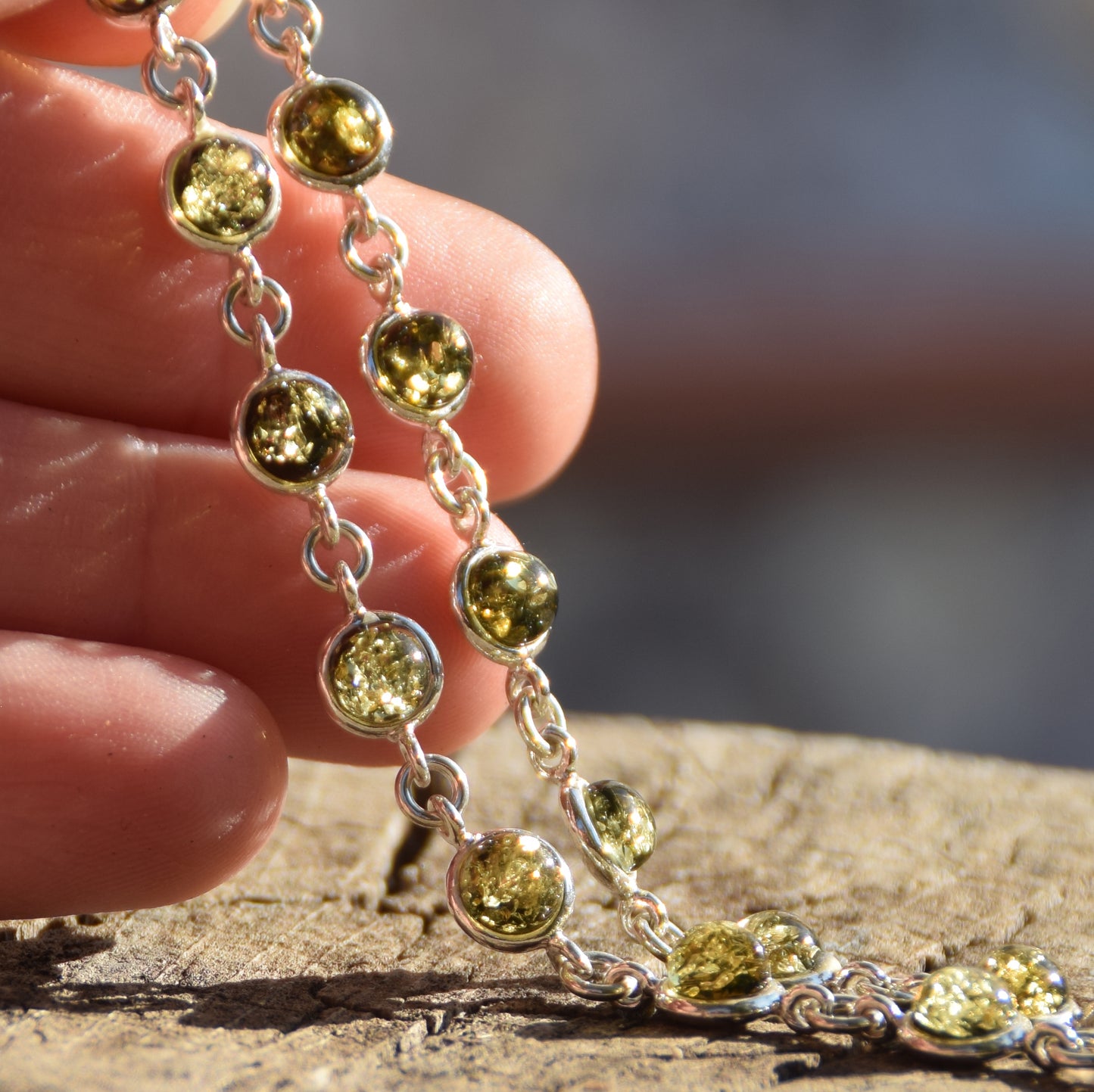 Delicate simple-style bracelet made of natural green Amber and 925 Silver, MJ Baltica, BB098