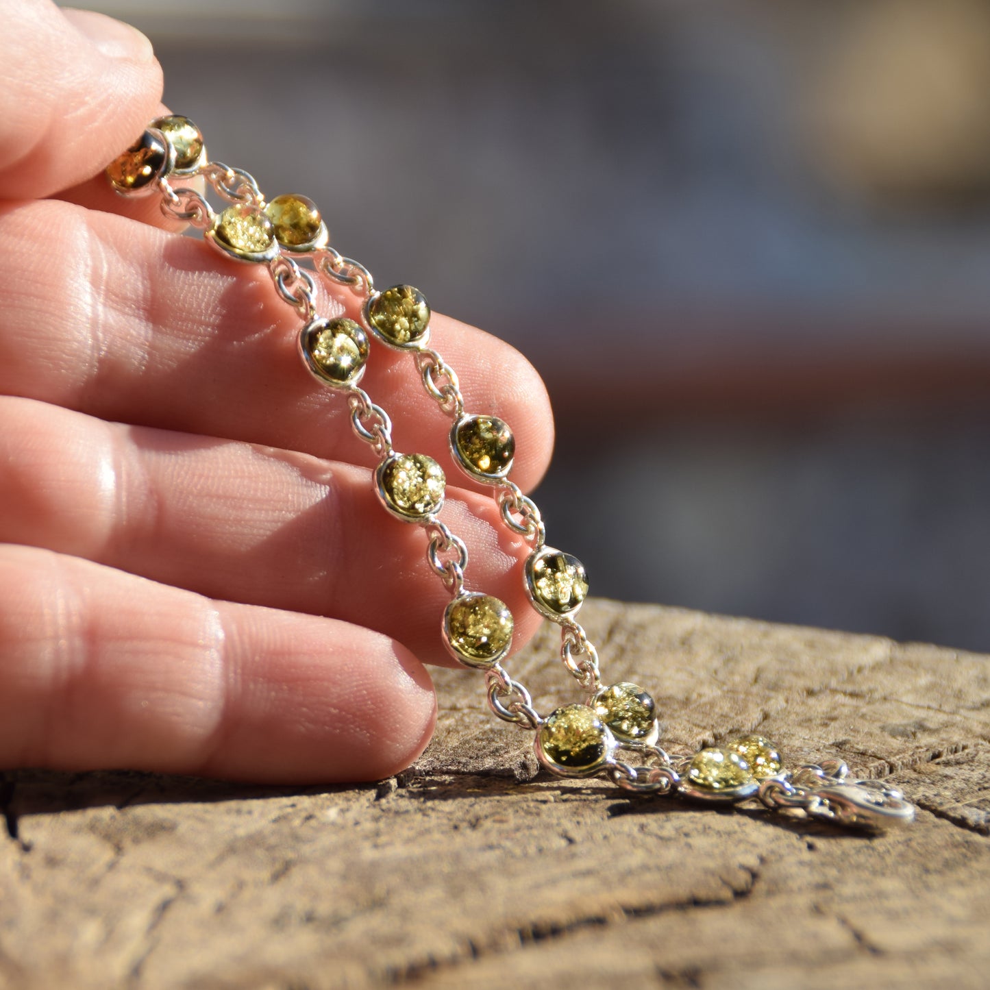 Delicate simple-style bracelet made of natural green Amber and 925 Silver, MJ Baltica, BB098