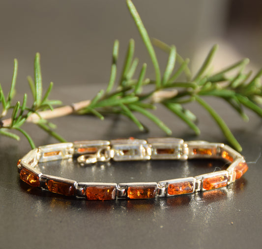 Linear bracelet in essential style made with natural cognac-colored Amber and 925 Silver, MJ Baltica, BB101