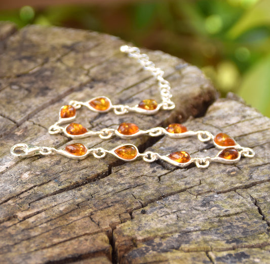 Delicate adjustable bracelet made with natural cognac amber drops and 925 Silver, MJ Baltica, BB103