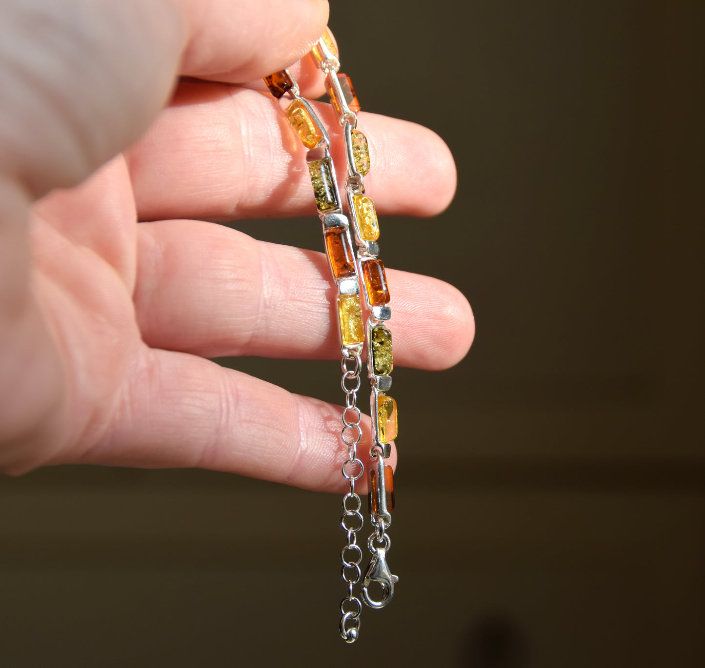 Elegant linear bracelet in natural Amber of various shades and 925 Silver, MJ Baltica, BB107