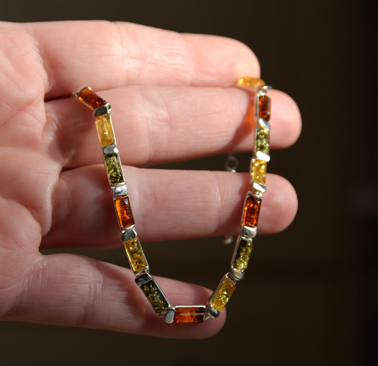 Elegant linear bracelet in natural Amber of various shades and 925 Silver, MJ Baltica, BB107