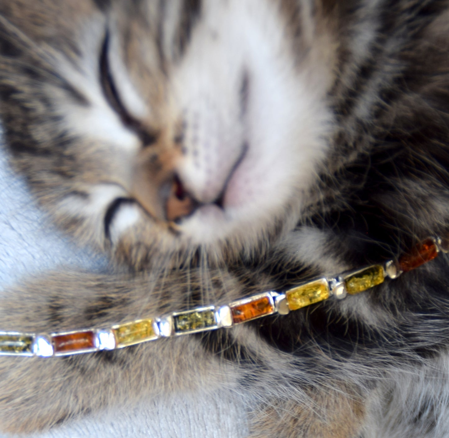 Elegant linear bracelet in natural Amber of various shades and 925 Silver, MJ Baltica, BB107