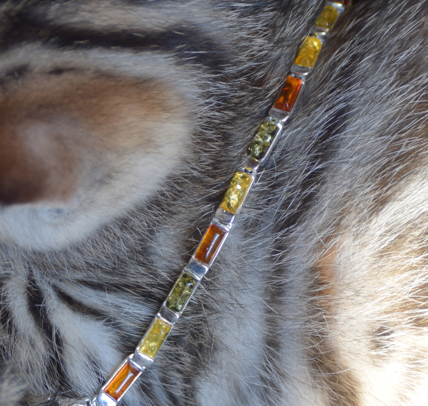 Elegant linear bracelet in natural Amber of various shades and 925 Silver, MJ Baltica, BB107