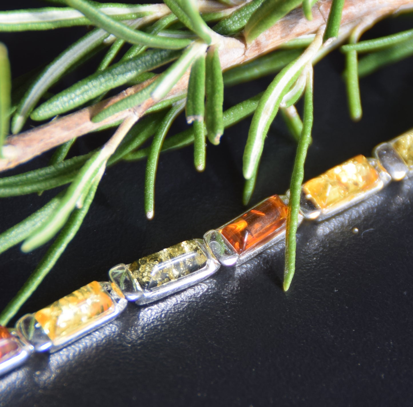 Elegant linear bracelet in natural Amber of various shades and 925 Silver, MJ Baltica, BB107