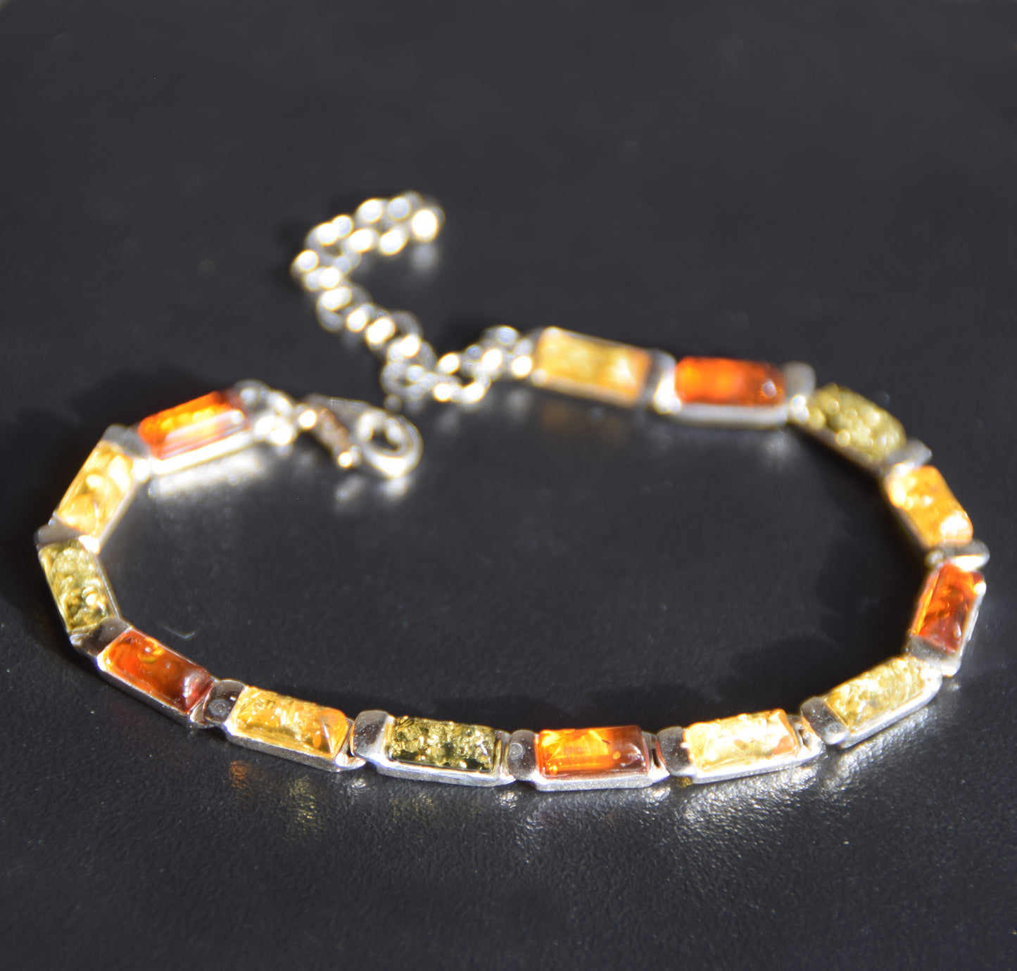 Elegant linear bracelet in natural Amber of various shades and 925 Silver, MJ Baltica, BB107