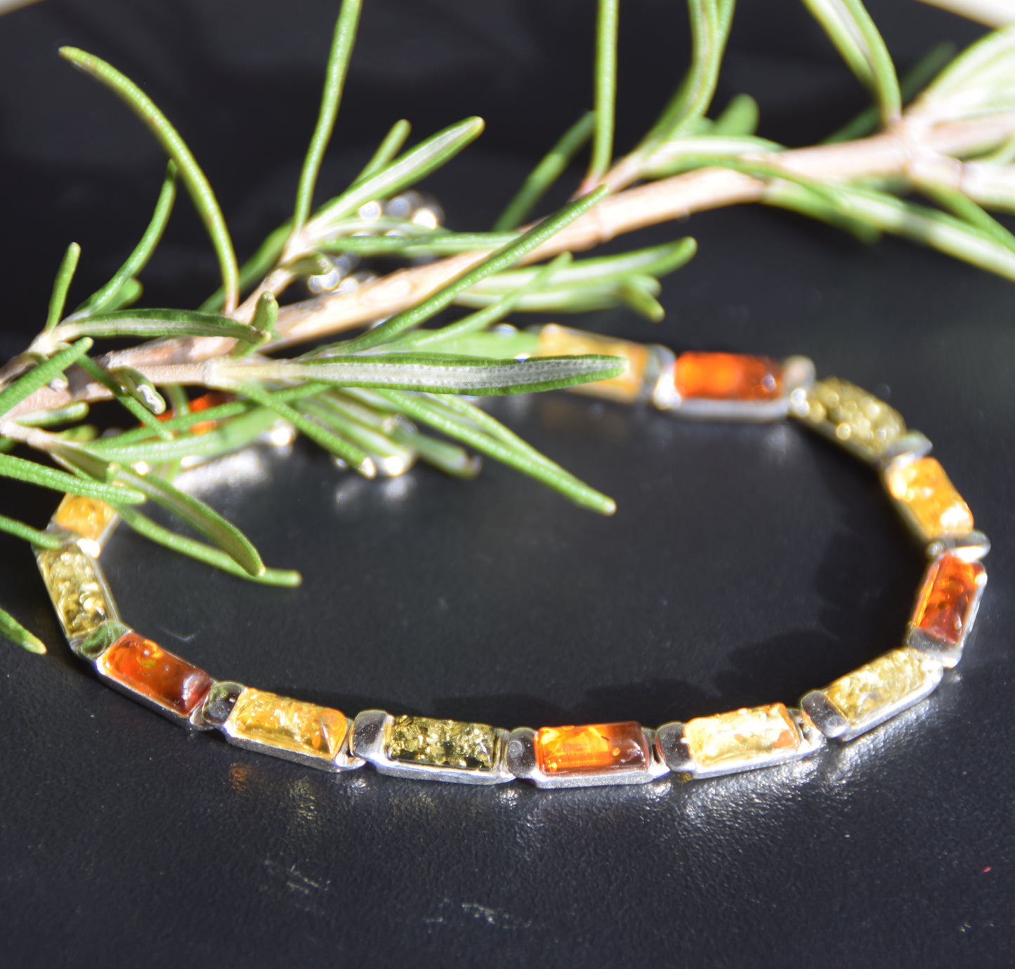 Elegant linear bracelet in natural Amber of various shades and 925 Silver, MJ Baltica, BB107