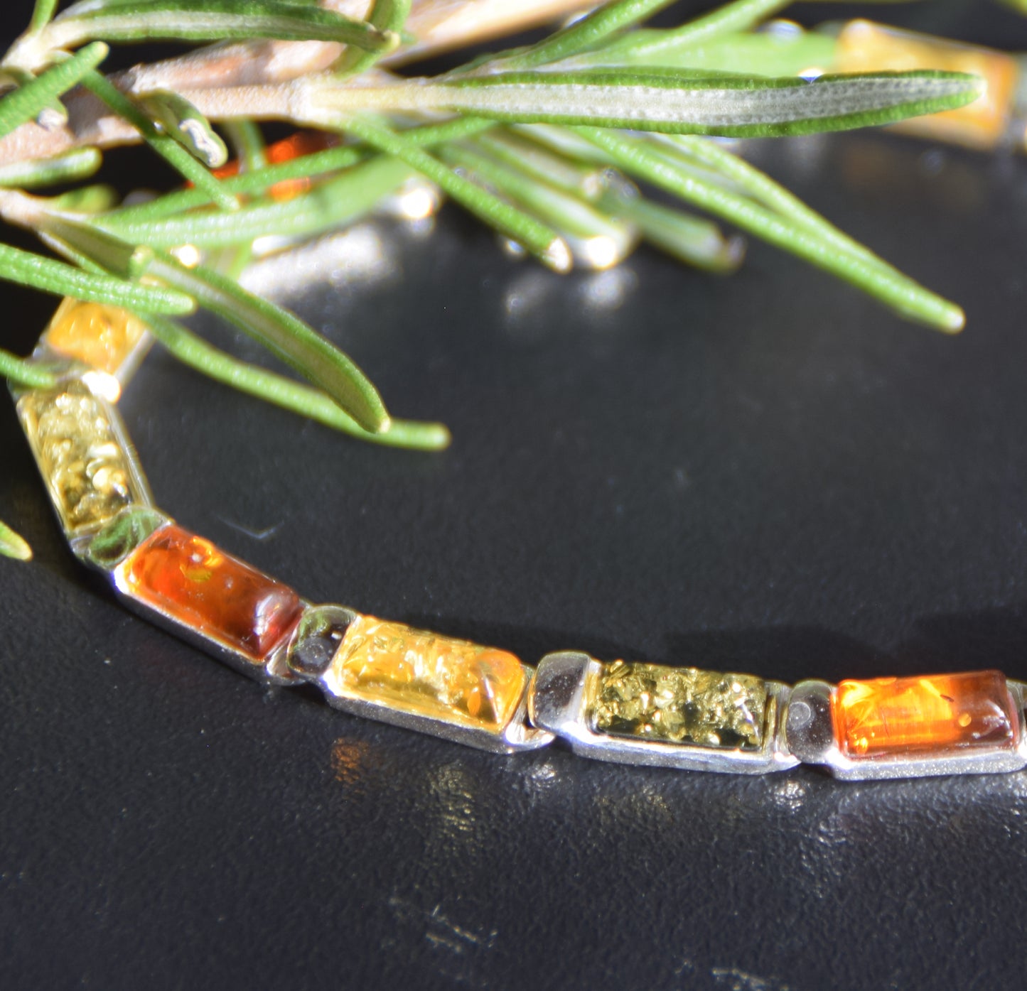 Elegant linear bracelet in natural Amber of various shades and 925 Silver, MJ Baltica, BB107