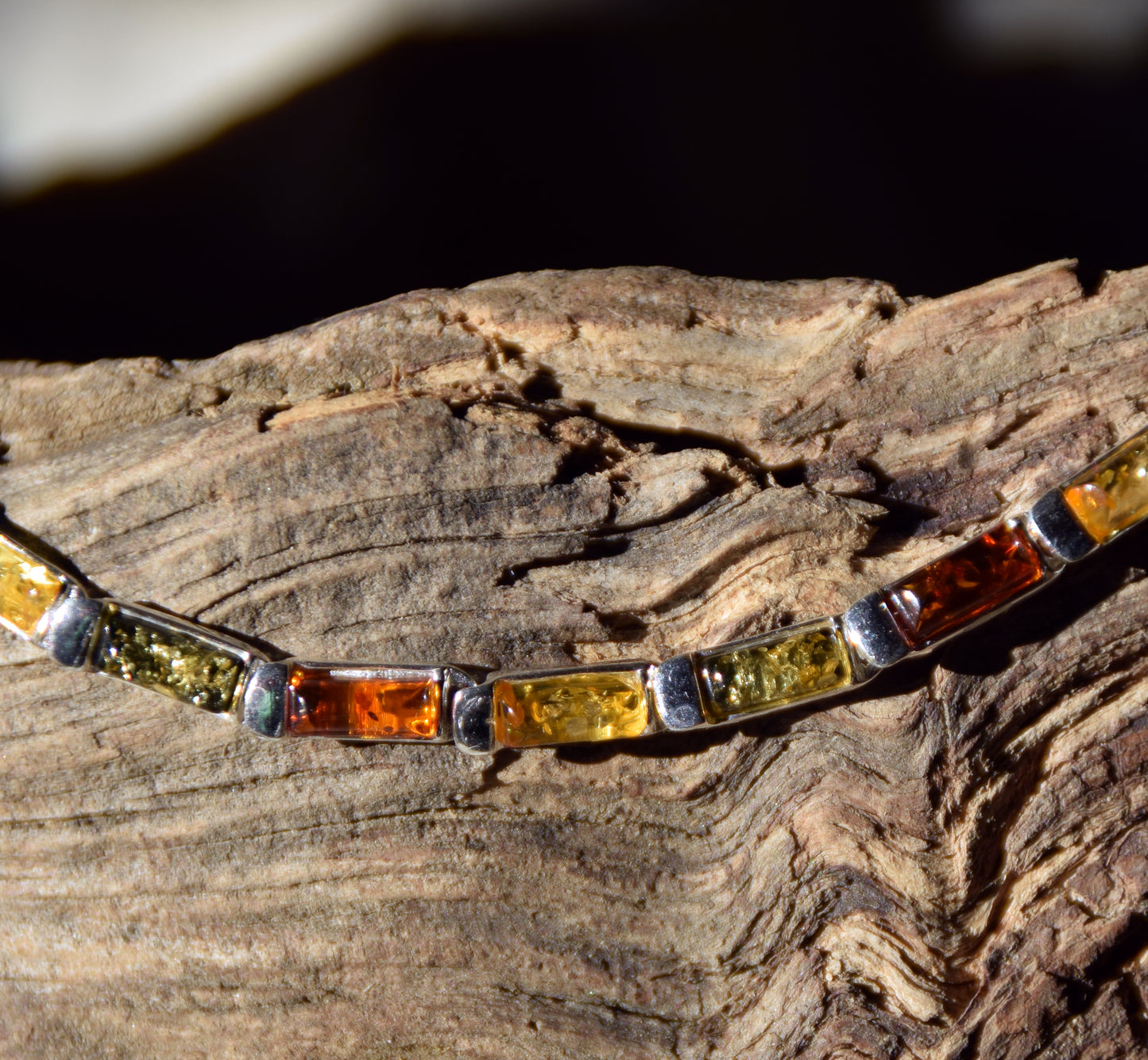 Elegant linear bracelet in natural Amber of various shades and 925 Silver, MJ Baltica, BB107