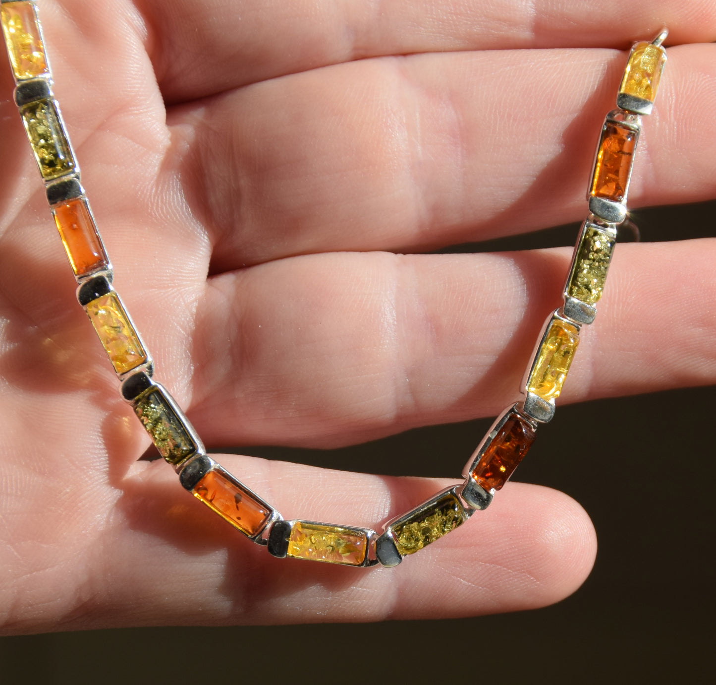 Elegant linear bracelet in natural Amber of various shades and 925 Silver, MJ Baltica, BB107