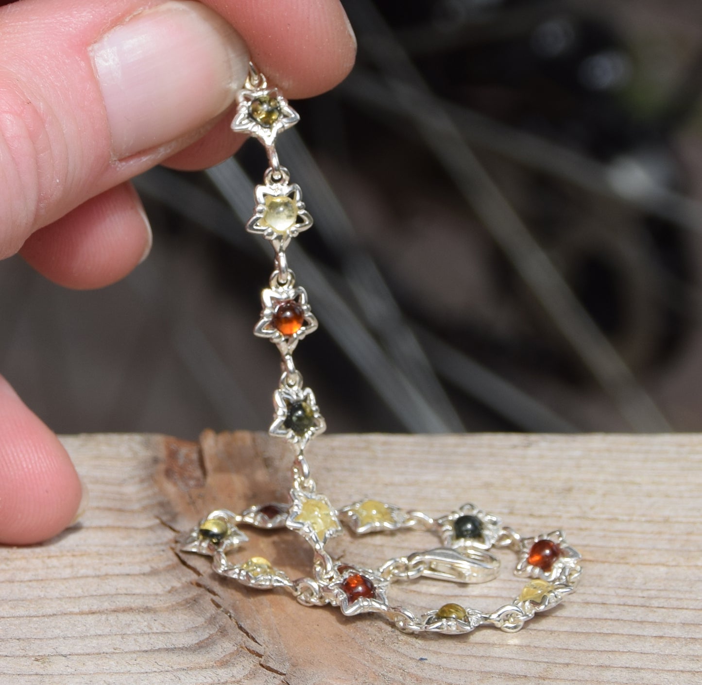 Delicate floral bracelet crafted from natural Amber in various shades and 925 Sterling Silver, MJ Baltica, BB108