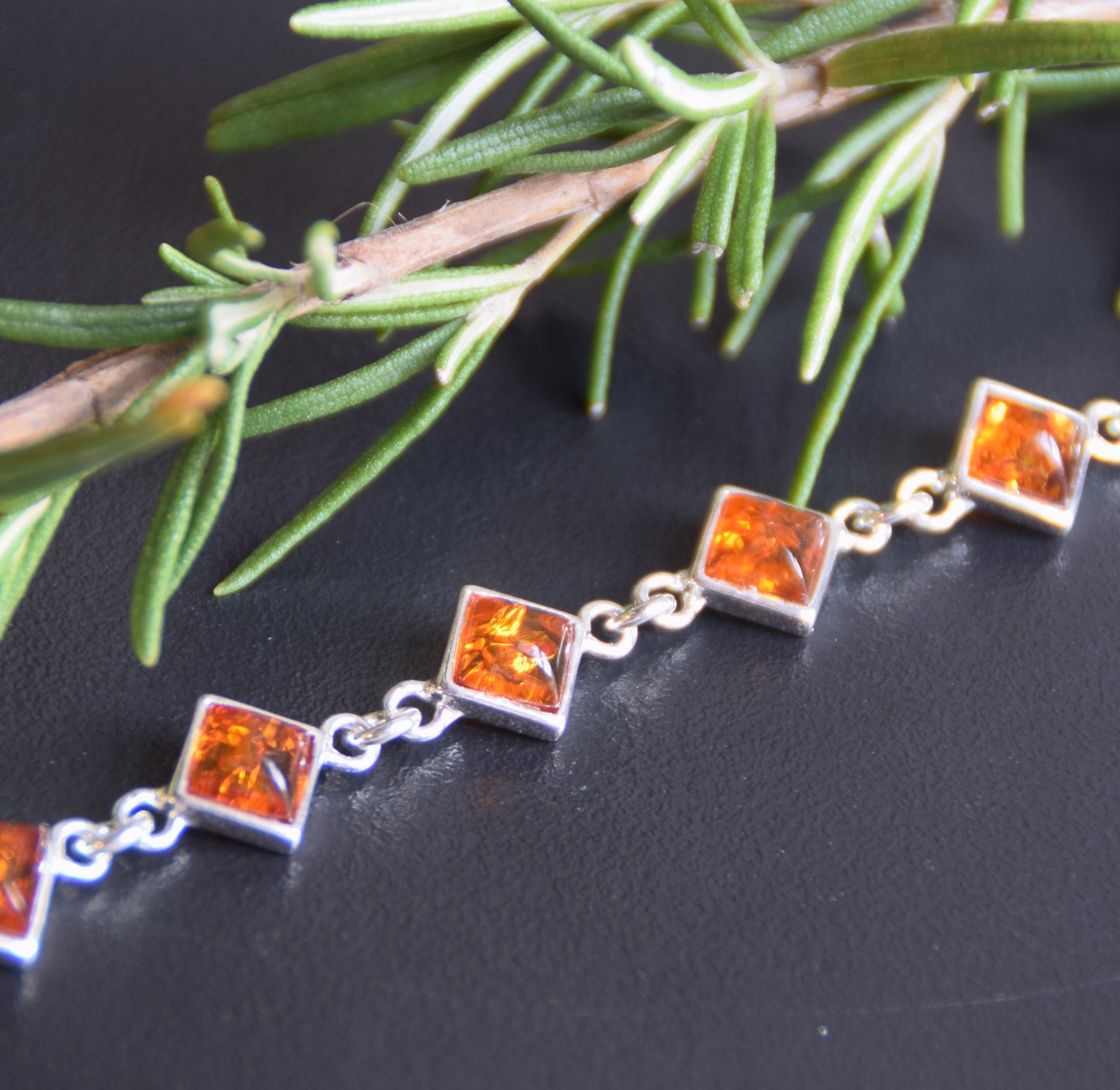 Adjustable minimalist bracelet made with natural cognac-colored Amber and Sterling Silver 925, MJ Baltica, BB111