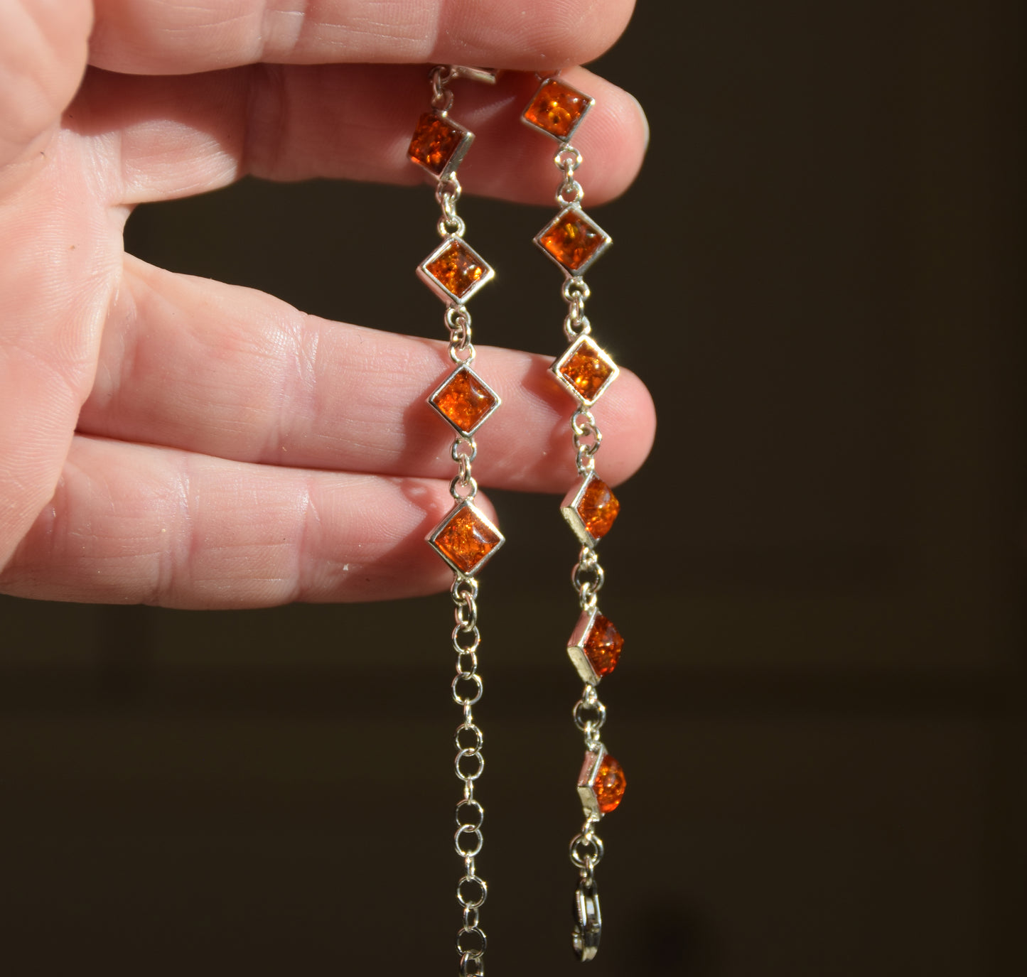 Adjustable minimalist bracelet made with natural cognac-colored Amber and Sterling Silver 925, MJ Baltica, BB111