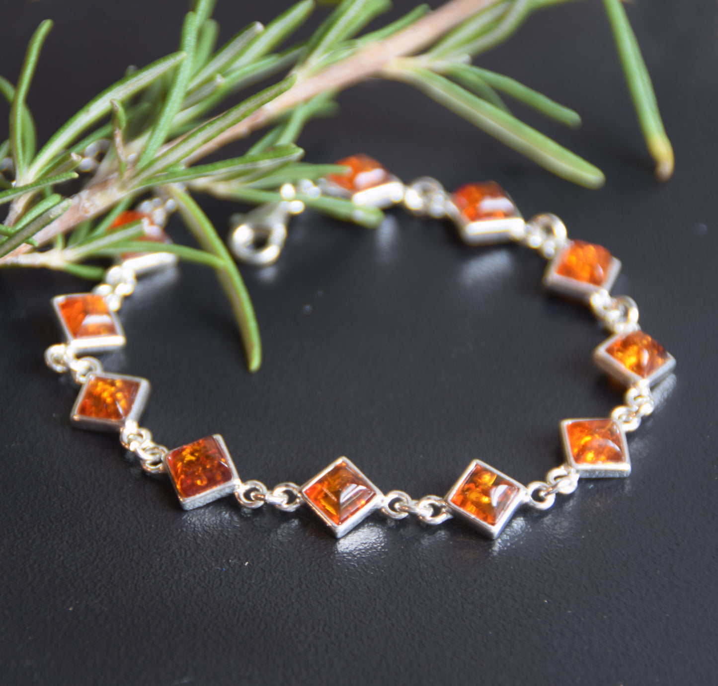 Adjustable minimalist bracelet made with natural cognac-colored Amber and Sterling Silver 925, MJ Baltica, BB111