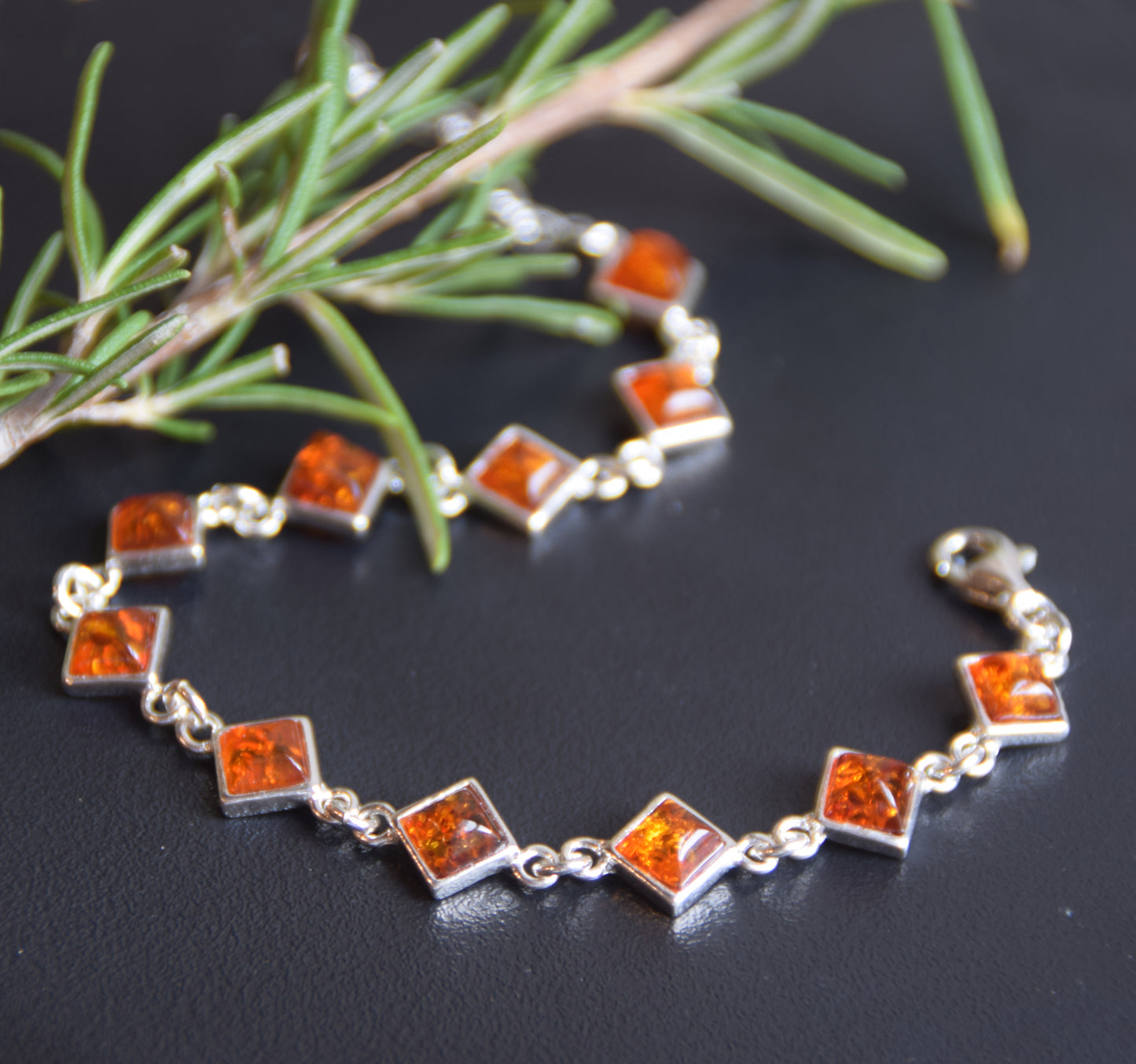 Adjustable minimalist bracelet made with natural cognac-colored Amber and Sterling Silver 925, MJ Baltica, BB111