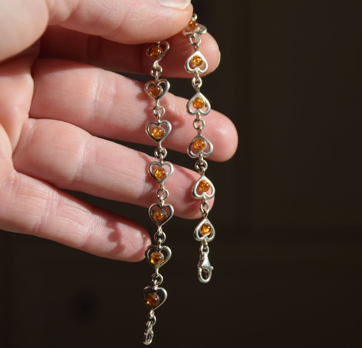 Romantic bracelet with heart chain in cognac natural Amber and 925 Sterling Silver, MJ Baltica, BB113