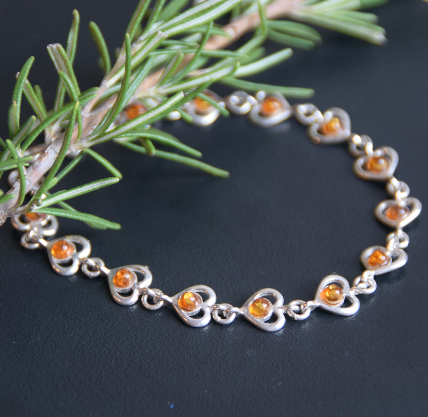 Romantic bracelet with heart chain in cognac natural Amber and 925 Sterling Silver, MJ Baltica, BB113
