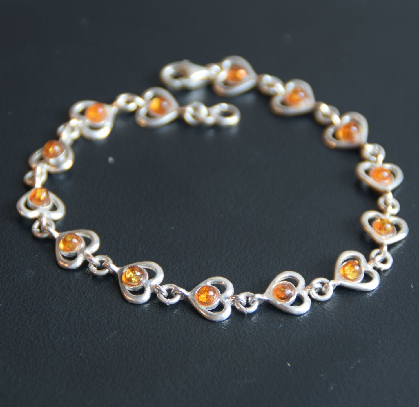 Romantic bracelet with heart chain in cognac natural Amber and 925 Sterling Silver, MJ Baltica, BB113