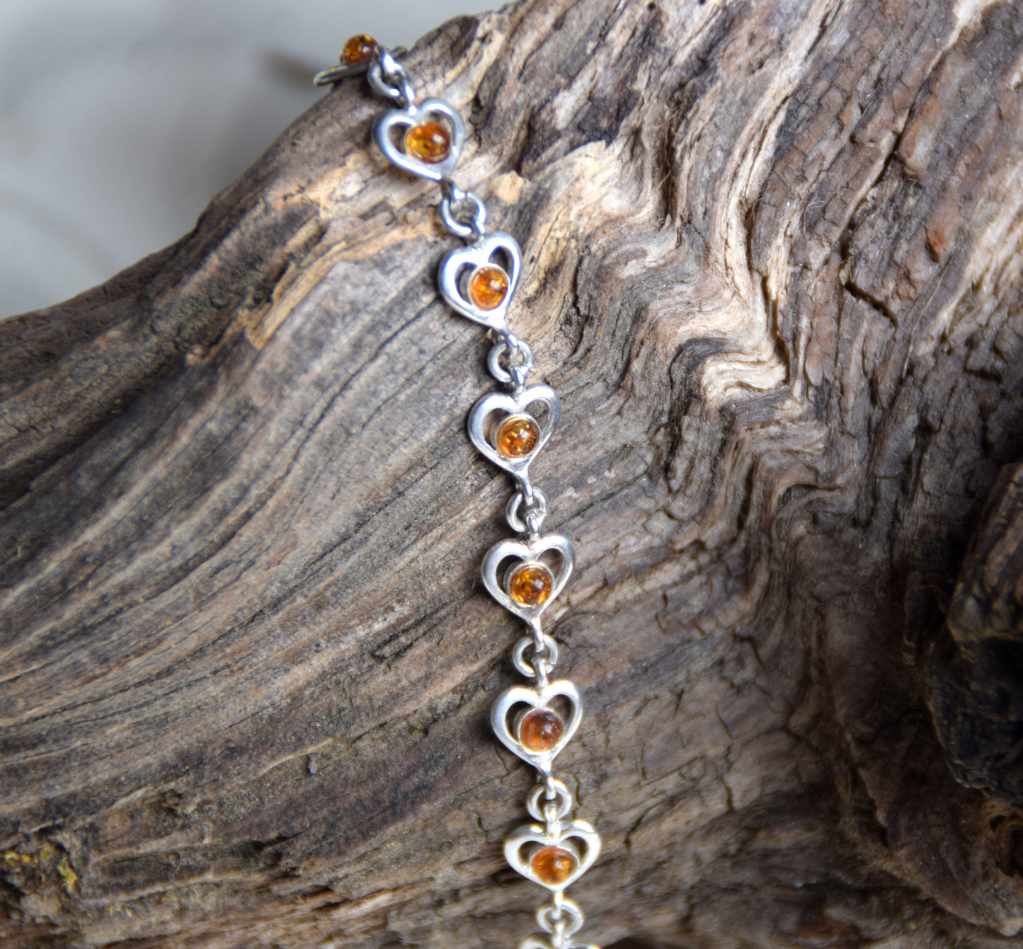 Romantic bracelet with heart chain in cognac natural Amber and 925 Sterling Silver, MJ Baltica, BB113
