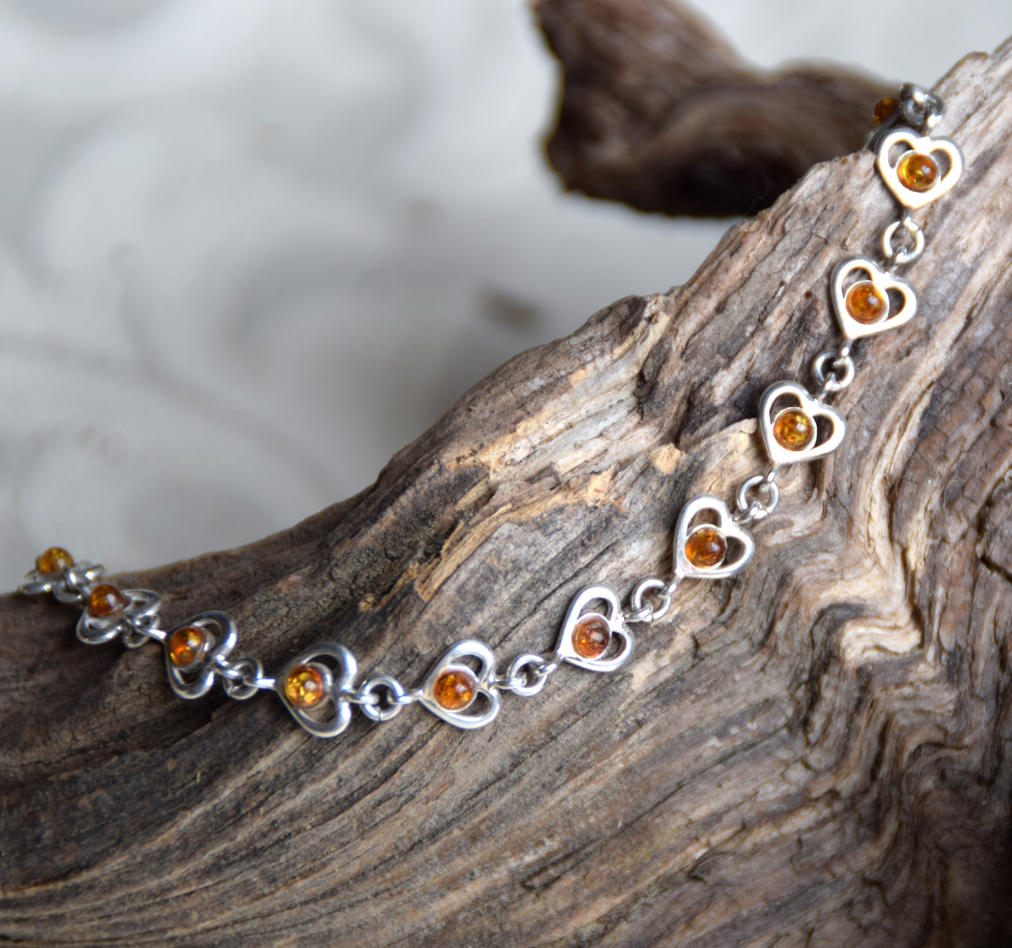 Romantic bracelet with heart chain in cognac natural Amber and 925 Sterling Silver, MJ Baltica, BB113