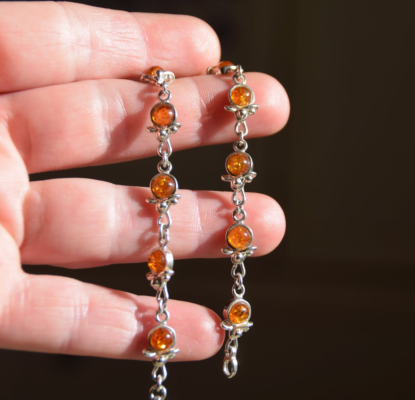 Adjustable bracelet made with cognac-colored natural Amber and 925 Silver, MJ Baltica, BB116